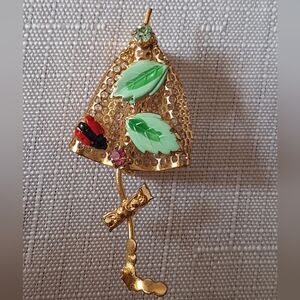 Uranium Glass Stone in Gold Metal Mesh Umbrella Pin Brooch Enamel Ladybug & Leaf
